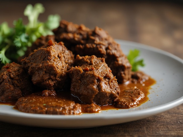 Foto autêntico delicioso rendang de carne bovina indonésia closeup rendang de sumatra ocidental, indonésia