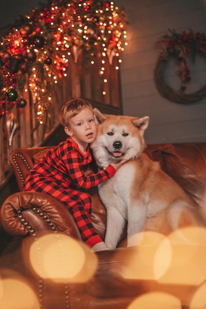 Auténtico niño feliz sincero en pijama a cuadros rojos abraza al perro con pajarita en el albergue decorado con Navidad