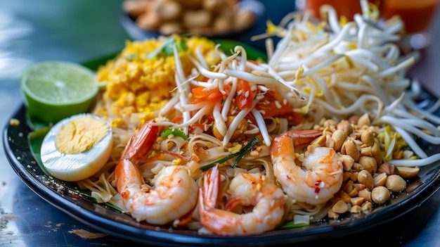 Autêntico Pad Thai com camarão, tofu, ovos, amendoim, brotos e limão na mesa escura.