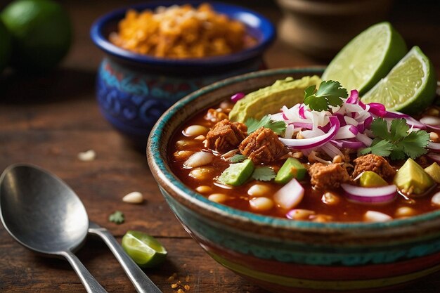 Foto auténtico pozole bowl con un rico sabor