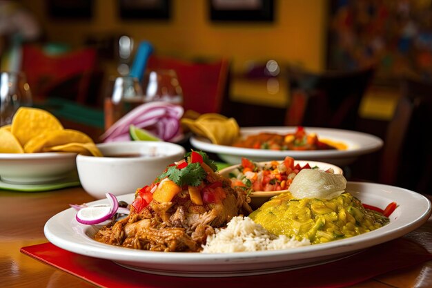 Foto auténtico restaurante colombiano con platos coloridos y sabores vibrantes.