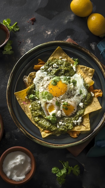 Autênticos Chilaquiles Verdes mexicanos em prato de barro