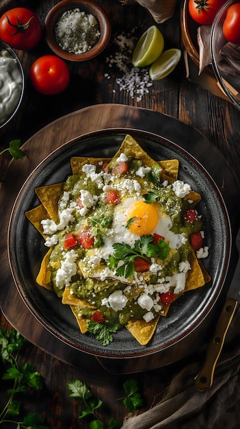 Auténticos Chilaquiles Verdes mexicanos en un plato de barro