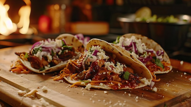 Foto autênticos tacos mexicanos, barbacoa, carne de frango.