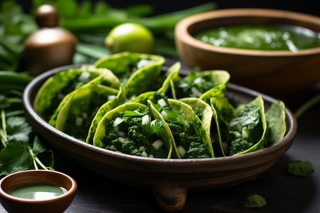 Auténticos tacos veganos de Nopales con cilantro con cactus y cilantro