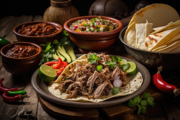 Authentische mexikanische Barbacoa Carnitas und Chicken Tacos