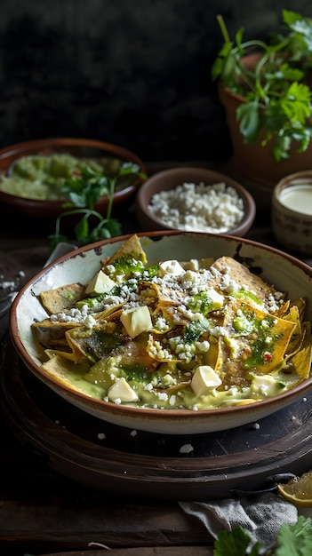 Authentische mexikanische Chilaquiles Verdes in einer Lehmschüssel