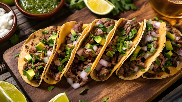 Authentische mexikanische Tacos und traditionelle Beilagen auf einem Holztisch