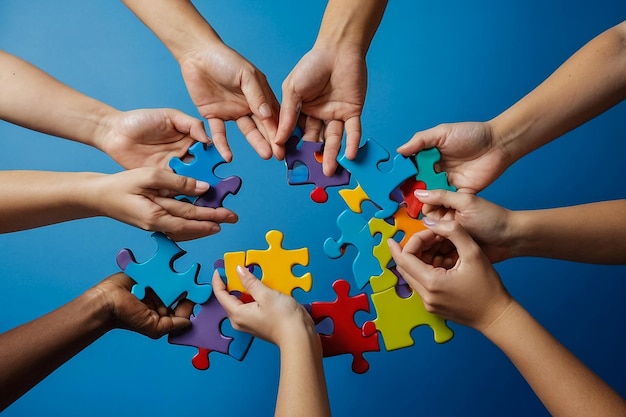 Autismusbewusstsein Hände Kreis mit bunten Puzzle-Stücken auf blauem Hintergrund