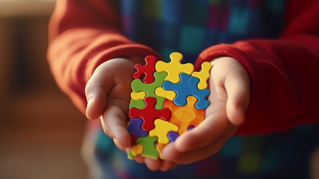 Autistic Pride Day Ein Kind hält ein buntes Puzzle in der Hand. Generative KI