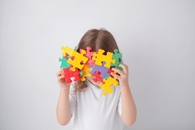 Autistic Pride Day Ein Kind versteckt sich hinter einem Puzzleteil