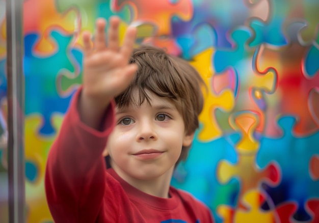 Autistische Kinder geben einen Hintergrund für ein Puzzle mit lebendigen Farben am Welttag der Awareness-Aktivität gegen Autismus.