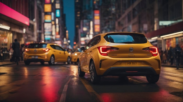 un auto amarillo conduciendo por una calle de la ciudad por la noche con gente caminando