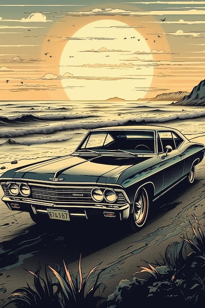 Un auto antiguo está estacionado en la playa con la palabra mercurio en el frente.