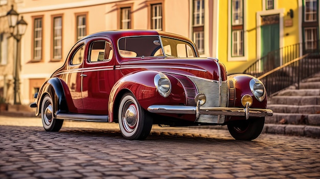 Un auto antiguo rojo está estacionado en una calle adoquinada.