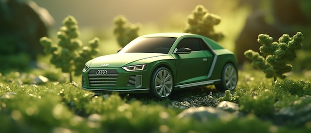 Un auto audi verde se sienta en un campo