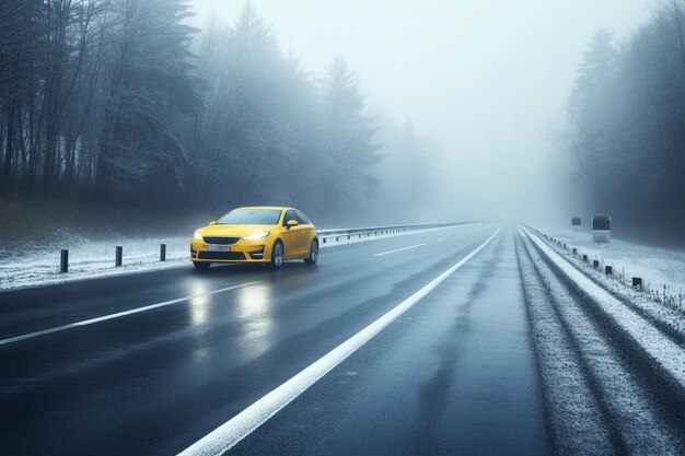 Auto auf der Autobahn im Winter nasse Straße Gefahr eines Unfalls bei Regenwetter rutschiger Asphalt