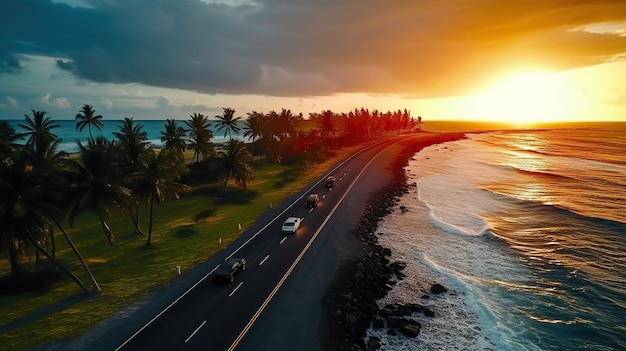 Auto auf der Straße mit Palmen und generativer KI mit Blick auf den Sonnenaufgang