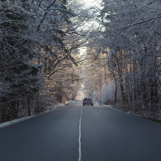 Auto auf der Straße zwischen Bäumen im schneebedeckten Wald am frostigen Wintermorgen