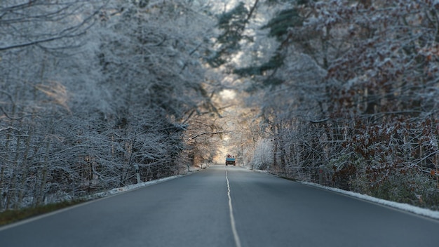 Auto auf der Straße zwischen Bäumen im schneebedeckten Wald am frostigen Wintermorgen