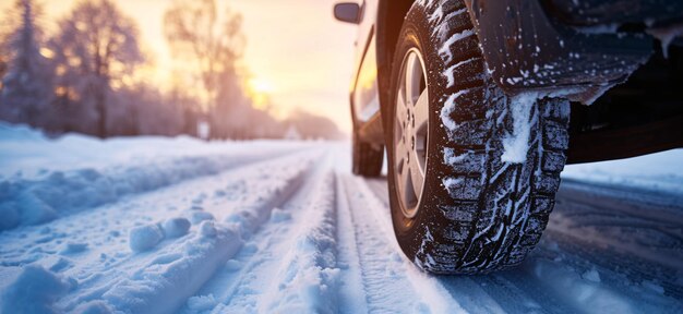 Auto auf einer Schneewege Nahaufnahme von Winterreifen auf einer verschneiten Autobahn