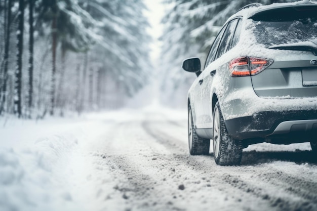 Auto auf verschneiter Straße im Winterwald Gefahr beim Fahren auf rutschiger Straße bei Schneesturm