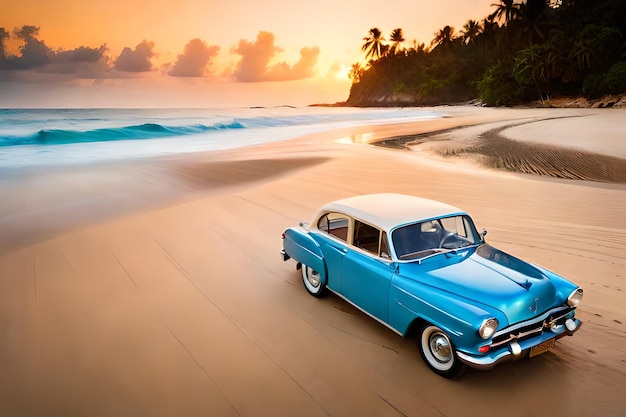 Un auto azul en una playa con el océano al fondo