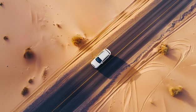 Auto bewegt sich entlang einer Asphaltstraße in der Wüste Top View