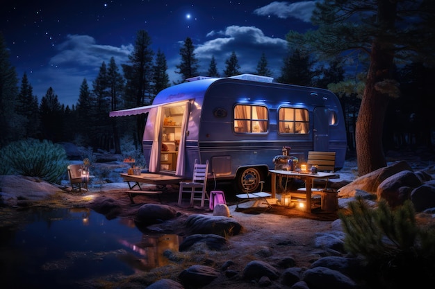 Auto-Camping in der Nacht Illustration KI GenerativexA