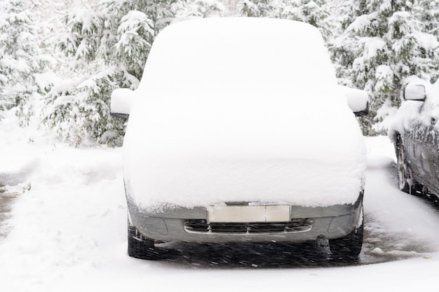 El auto bajo una capa de nieve.