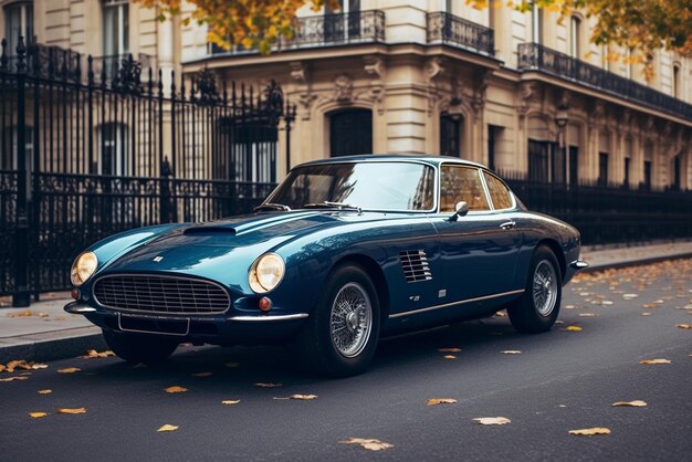 Un auto clásico azul está estacionado en una calle frente a un edificio.