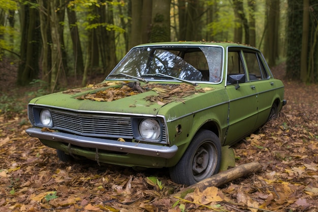 Auto clásico retro de los años 80 encontrado abandonado en medio de los vibrantes colores del bosque de otoño