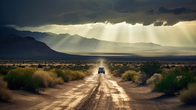 Un auto conduciendo por una carretera desértica con montañas al fondo