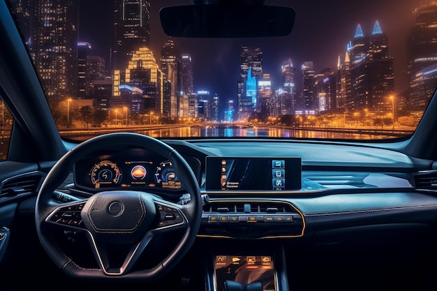 Auto-Dashboard mit modernen Stadtlichtern Nachtansicht