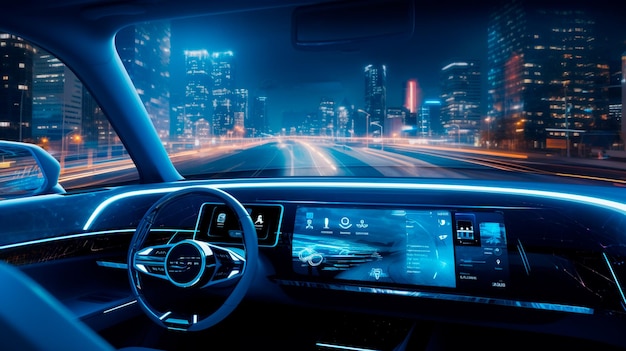 Auto-Dashboard mit modernen Stadtlichtern Nachtsicht generative KI