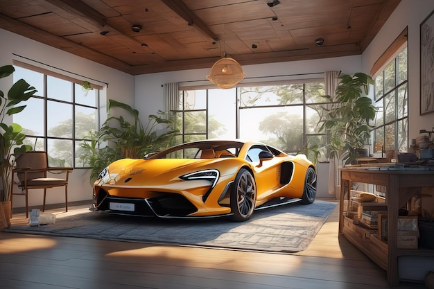 un auto deportivo amarillo se encuentra en una habitación con una gran ventana.