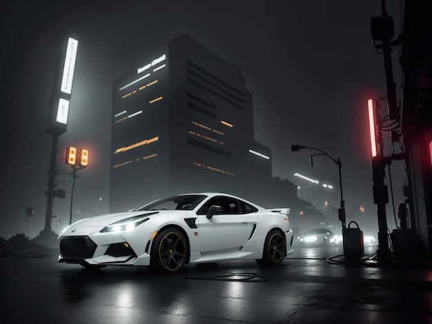 Un auto deportivo blanco está en una noche lluviosa con el número 65.