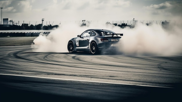 Foto un auto deportivo está a la deriva en una pista con humo a su alrededor.