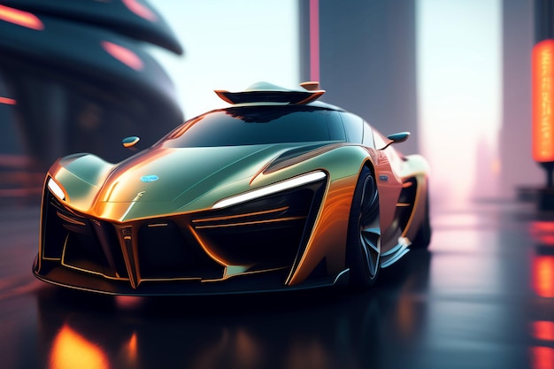 Un auto deportivo futurista con una pintura dorada que dice "velocidad" en él