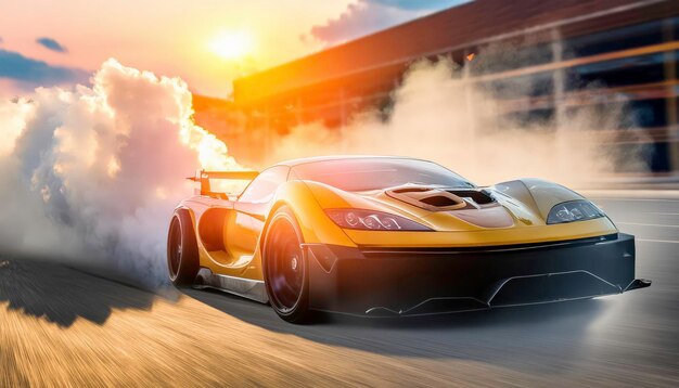 Foto auto deportivo de lujo a alta velocidad en el humo urbano