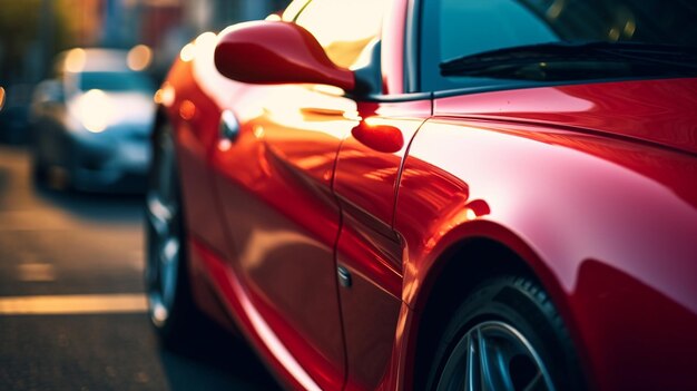 Un auto deportivo rojo está estacionado en un estacionamiento.