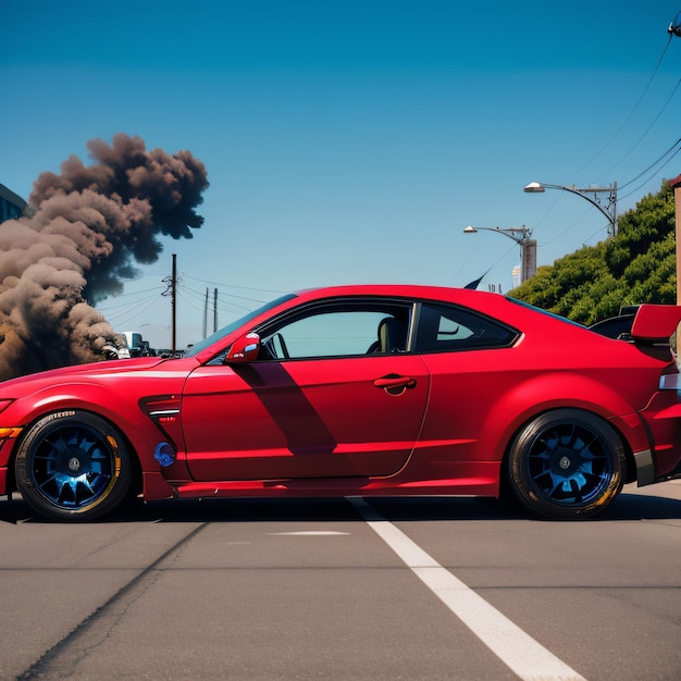 Foto un auto deportivo rojo con un humo negro saliendo de su ventana trasera en un estacionamiento con un firetr