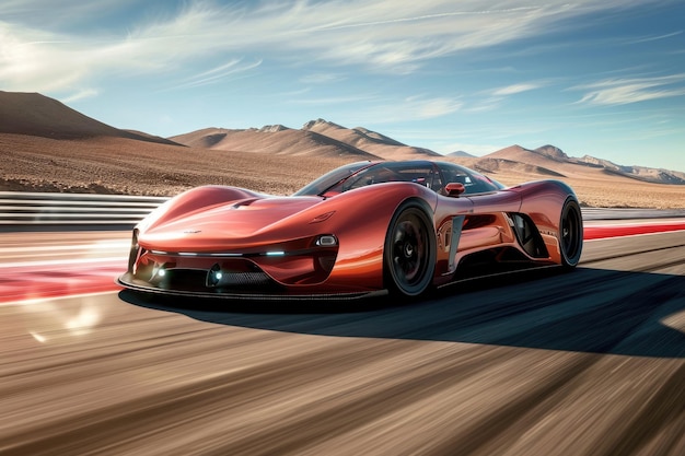 Un auto deportivo rojo que recorre una pista de carreras mostrando velocidad, adrenalina y conducción de alto rendimiento. Un auto deportivo eléctrico moderno que supera a los autos de carrera tradicionales propulsados por gasolina. Generado por IA.