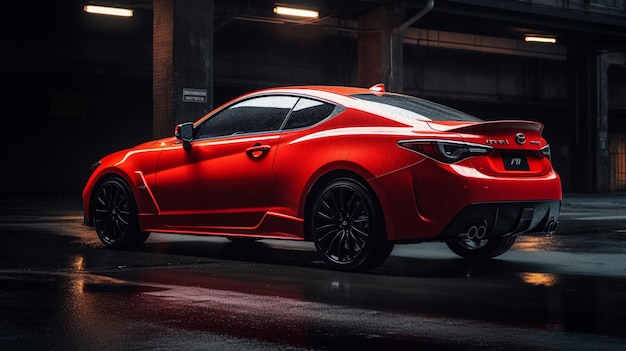 Un auto deportivo toyota 86 rojo está estacionado en un garaje oscuro.