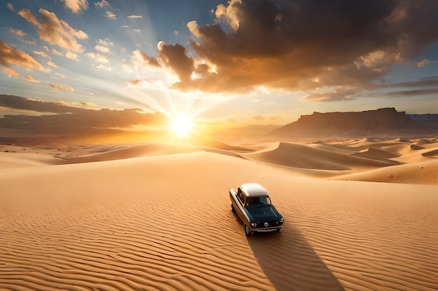 Un auto en el desierto al atardecer.