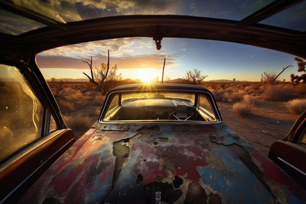 Un auto en el desierto con el sol poniéndose detrás