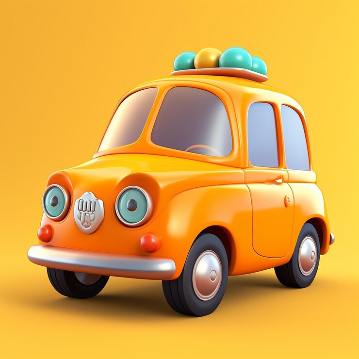 Un auto de dibujos animados con ojos y una etiqueta en el frente.