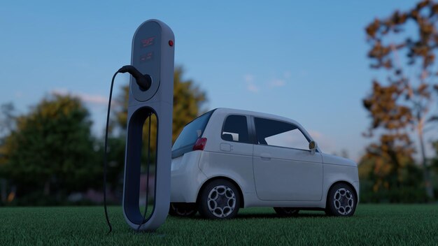 Un auto eléctrico blanco está estacionado en un campo de hierba con un auto eléctrico blanco en el fondo.