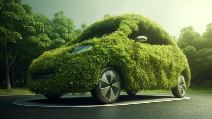 Un auto eléctrico verde con la palabra tesla en el lado generativo ai