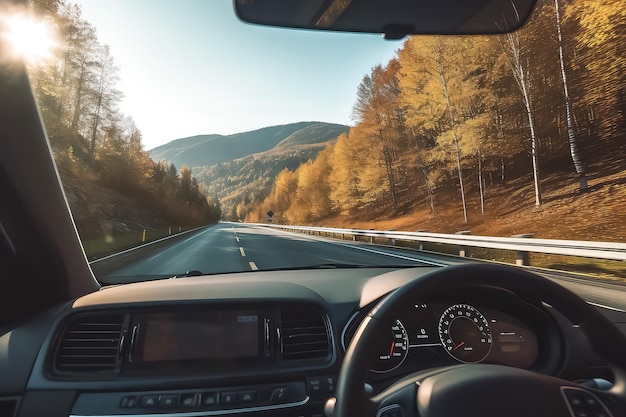 El auto está conduciendo a lo largo de un hermoso camino de otoño, la vista desde detrás del auto AI